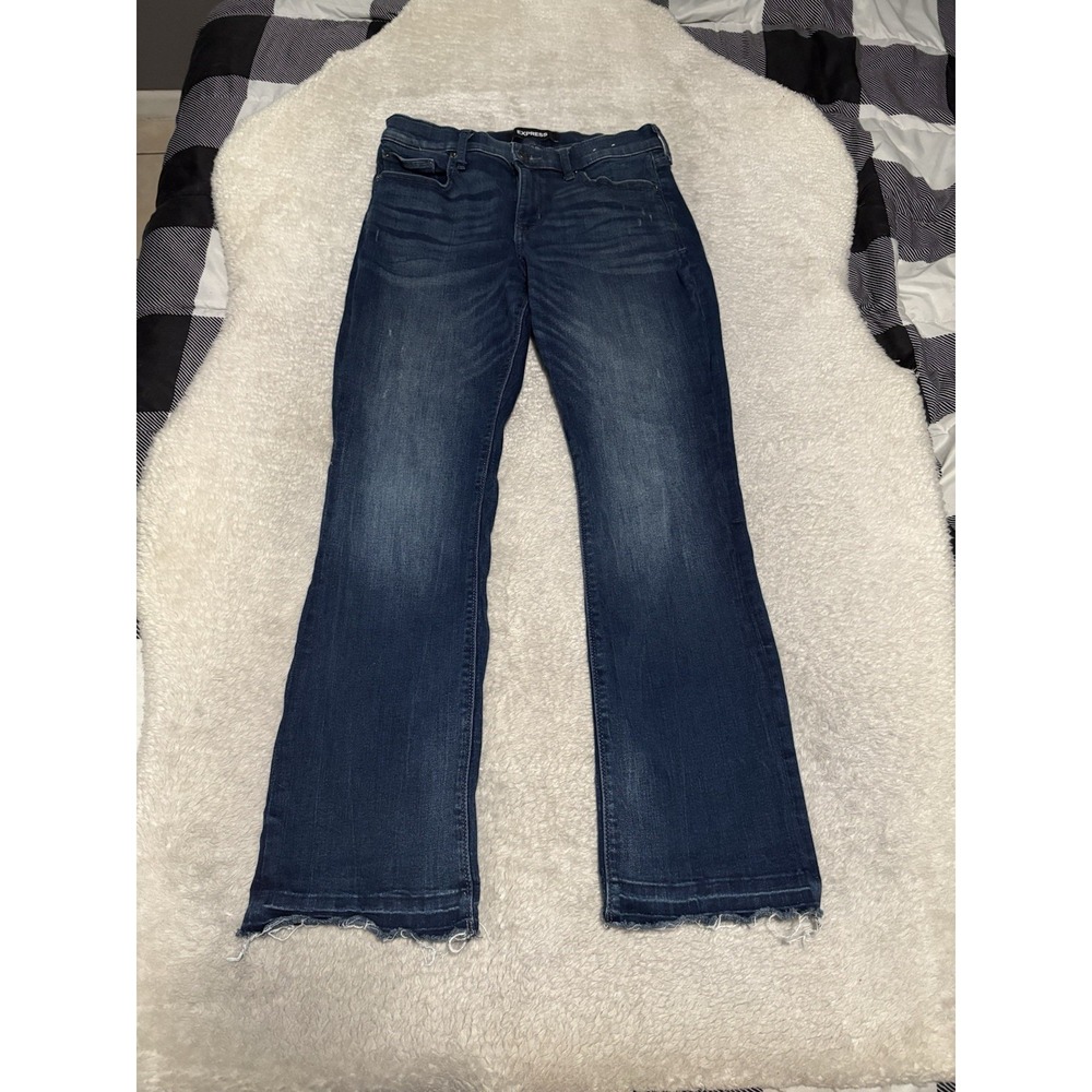 Express Barely Boot Mid Rise Blue Denim Jeans Size 8S 8C Fray Ankle Pant Stretch